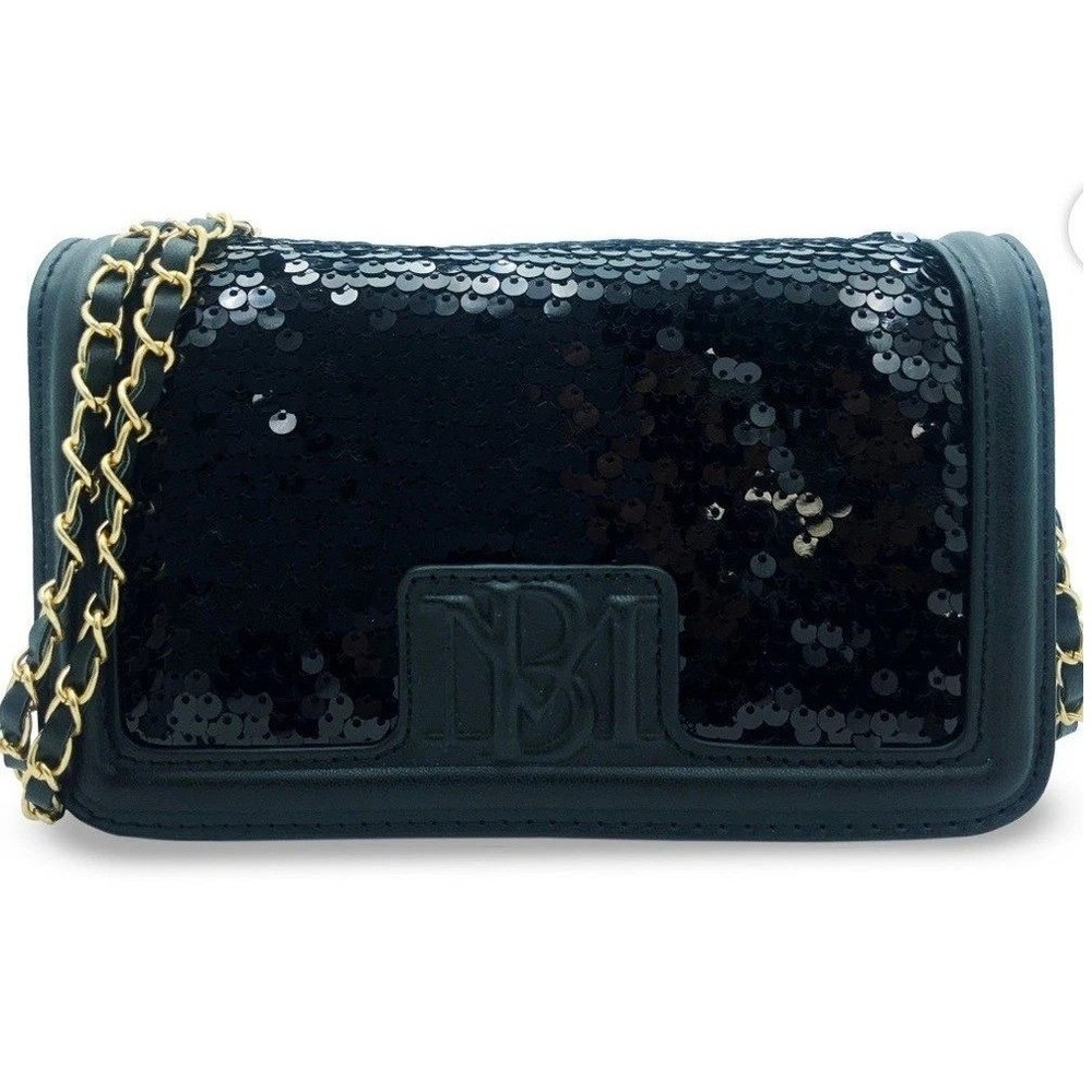 Badgley Mischka Womens Black Sequin Classic Crossbody Bag Vegan Leather New
